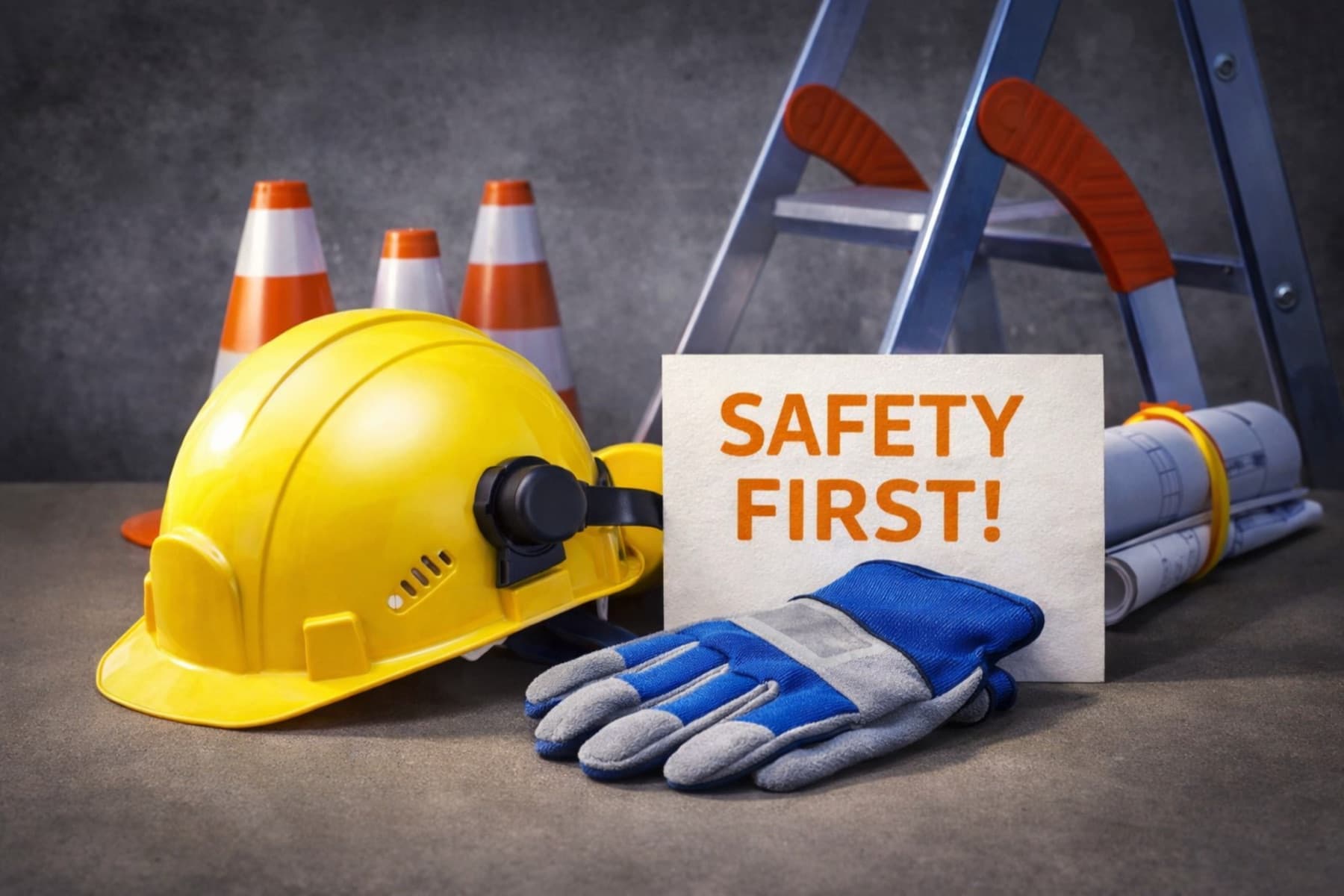 Hard hat, work gloves, and a Safety First sign on a job site