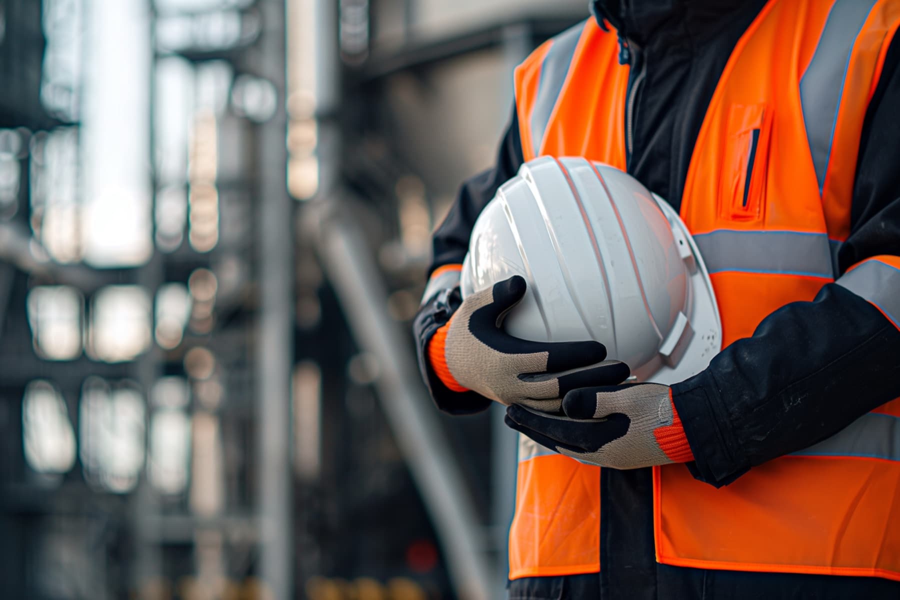 Worker in a safety vest holding a white protective helmet
