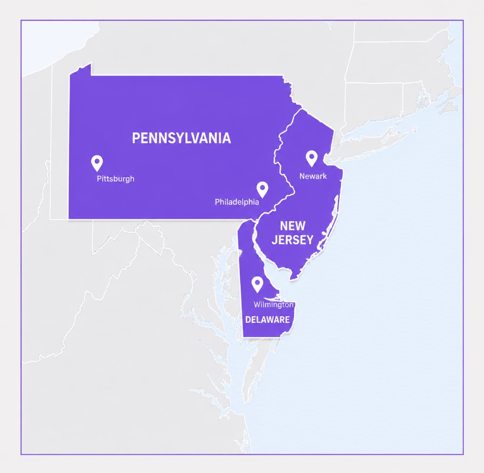 Map highlighting the Pennsylvania, New Jersey, and Delaware service area